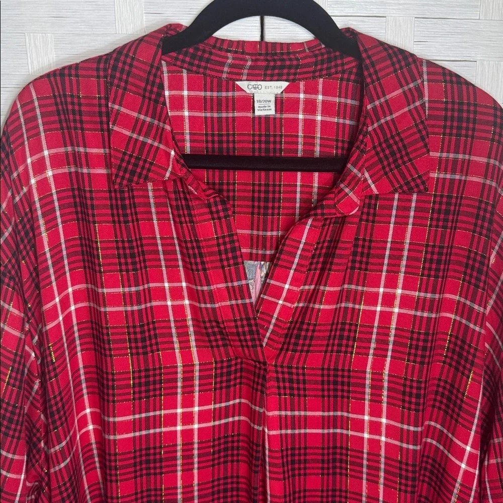 Cato Red & Black Plaid Floral Back Tunic Top Pullover Oversized Size 18/20W